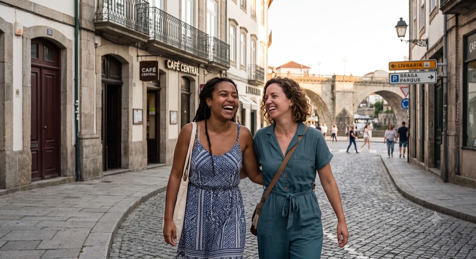 Two women walking through Braga’s old town, laughing